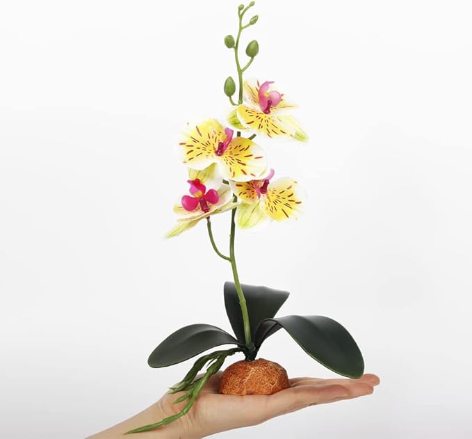 Fake Orchids Artificial Flowers, Reptile Terrarium Decor Plants, Bearded Dragon Tank Habitat Accessories fit Crested Gecko Leopard Lizard Chameleon Ball Python Snake Frog - White