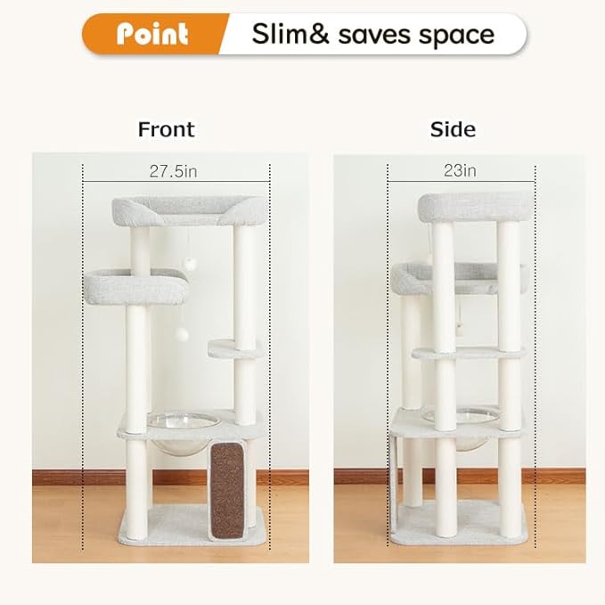 Wooden Cat Tree Tower for Indoor Cats 53'', Modern Natural Wood Cat Furniture with Cozy Beds, Scratching Post and Clear Hammock for Kittens and Adult Cats (Gray)