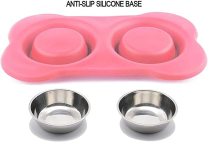 AsFrost Dog Food Bowls Stainless Steel Pet Bowls & Dog Water Bowls & Cat Bowls for Food and Water No-Spill Non-Skid Silicone Mat, Feeding Bowls with Dog Bowl Mat for Dogs Cat Dood Dish, Pink, 12oz