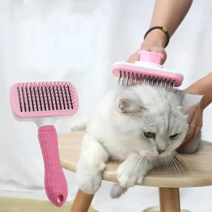Generic Pink Cat grooming brush, Pet hair brush with Massage Particles, Self Cleaning Dematting Comb for Dogs and Cats, Easy to Use, Ergonomic Handle Design