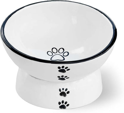 Anti-Rollover Elevated Ceramic Cat Bowls with Paw Prints for Holding Food and Water, Black Border, Suitable for Small Dogs and Pets