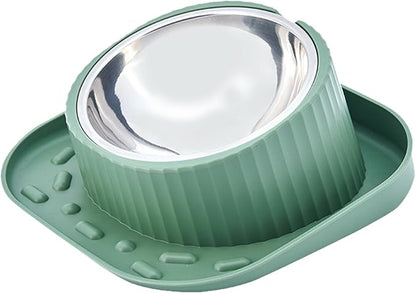 Elevated Cat Bowl, 15° Tilted Raised Cat Dog Food Bowls, Stainless Steel Food Bowl for Indoor Cat, Pets Bowls with Non-Spill & Anti-Slip Base (Green)