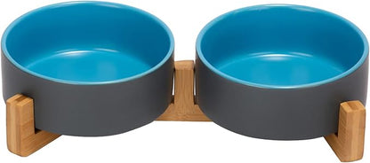 SPUNKYJUNKY Ceramic Dog and Cat Bowl Set with Wooden Stand, Modern Cute Weighted Food Water Set for Small Size Dogs (13.5OZ) & Medium Sized Dogs (28.7OZ) & Cats (1.7 Cups, 2 × Blue-Grey)