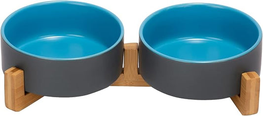 SPUNKYJUNKY Ceramic Dog and Cat Bowl Set with Wooden Stand, Modern Cute Weighted Food Water Set for Small Size Dogs (13.5OZ) & Medium Sized Dogs (28.7OZ) & Cats (1.7 Cups, 2 × Blue-Grey)