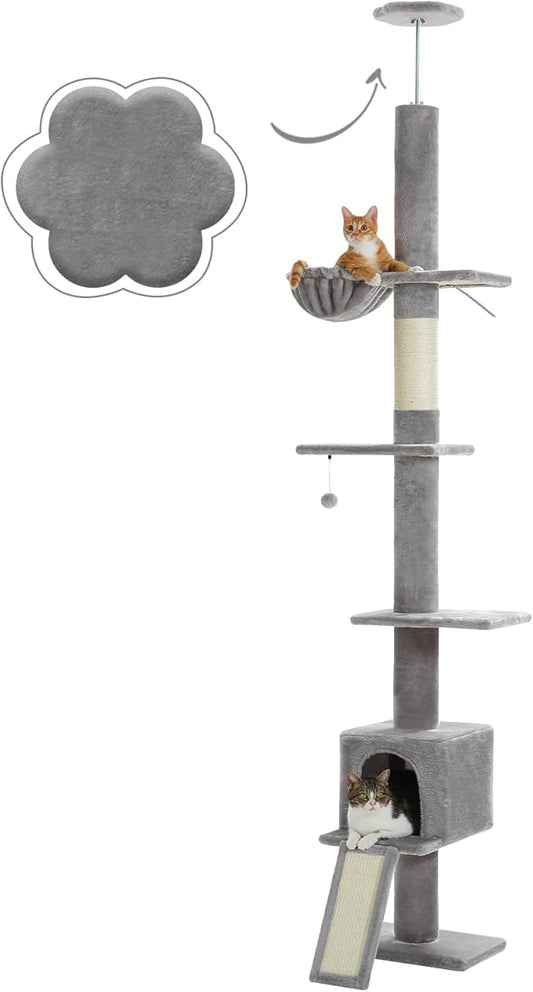 PETEPELA Floor to Ceiling Cat Tree[83"-108"], Cat Tower 5 Levels, Height Adjustable, Cat Scratching Post with Top Perches and Spacious Condo for Large Indoor Cats, Dark Grey