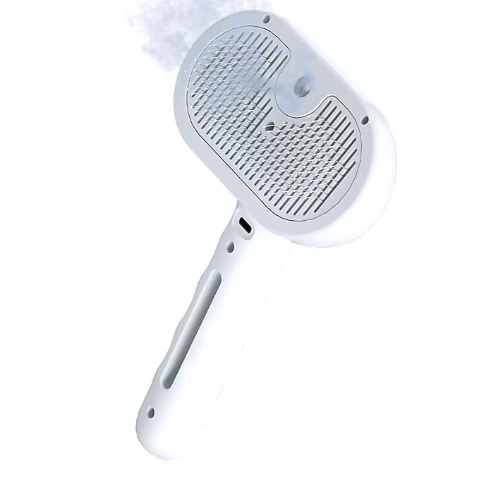 Pet Steam Brush for Cats Dogs, 3-in-1 Cat Grooming Tool with Water Spray and Quick Hair Release Button, Hair Removal Comb for Shedding, Steamy Brush (White)