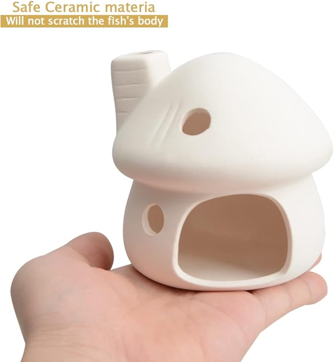 Fish Tank Decor Mushroom House Aquarium Decorations, Betta Bed Fish Tank Caves/Shrimp Cave/Toad House for Shrimp Betta Goldfish and Reptiles Rest Breed Hiding - White