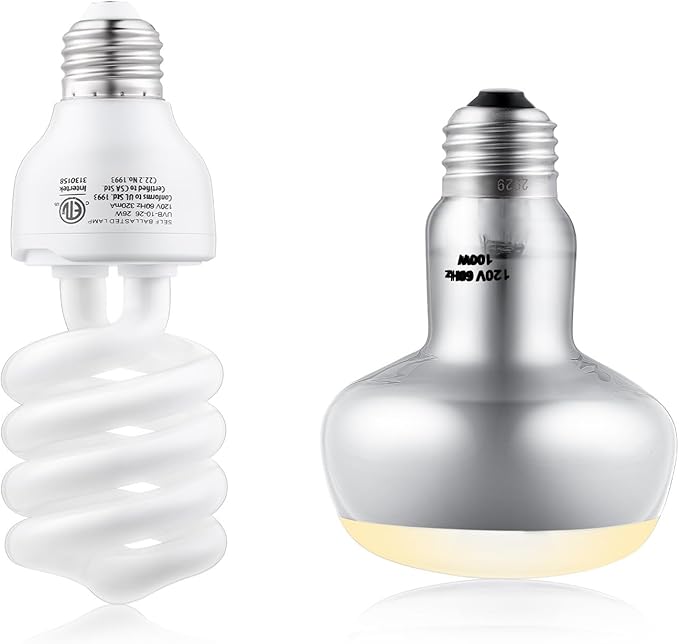 100W Reptile Heat Lamp and 26W 10.0 UVB Bulb Combo Pack, UVA Basking Bulb and UVB Light for Reptiles, Basking Light for Bearded Dragon, Turtles, Snake and Lizard