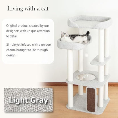 Wooden Cat Tree Tower for Indoor Cats 53'', Modern Natural Wood Cat Furniture with Cozy Beds, Scratching Post and Clear Hammock for Kittens and Adult Cats (Gray)