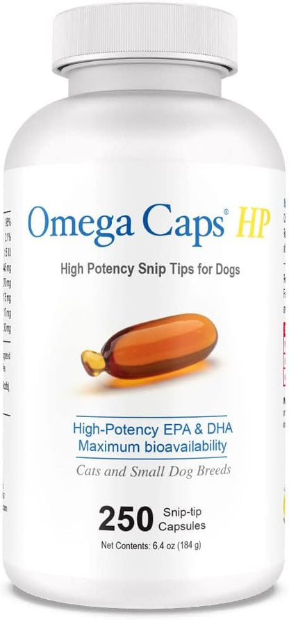 Omega Caps HP Snip Tips for Cats and Small Dogs High Potency EPA and DHA Maximum Bioavailability Fish Oil Supplement Vet Formulated Made in USA Skin Coat Joint and Heart Health 250 Capsules