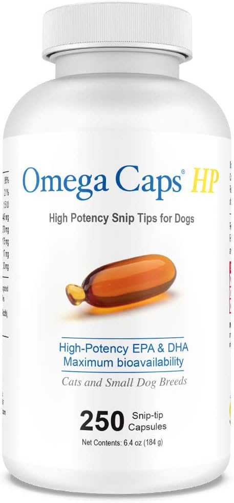 Omega Caps HP Snip Tips for Cats and Small Dogs High Potency EPA and DHA Maximum Bioavailability Fish Oil Supplement Vet Formulated Made in USA Skin Coat Joint and Heart Health 250 Capsules