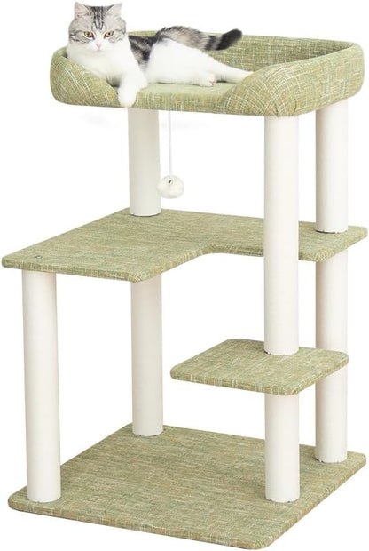 Cat Tree for Indoor Cats Large Adult, Modern Cat Tree Tower with Sisal-Covered Scratching Posts, Cozy Perches, Hammocks, and Interactive Toys for Kittens, (Linen Fabric Green 37.4-Inch)