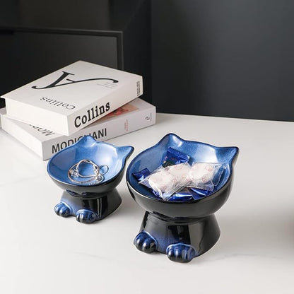 Nihow Elevated Cat/Dog Bowls Set : 5 Inch Ceramic Raised Cat Food and Water Bowl Set for Protecting Pet's Spine - Feeding & Watering Supplies for Pets- Elegant Blue & Black (2PC)