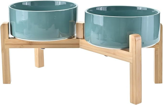 SPUNKYJUNKY Elevated Dog Bowls Ceramic, 7.3'' Dogs Food Water Bowls Raised with Non-Slip Bamboo Stand for Medium to Large Sized Breed Microwave Dishwasher Safe - 42 OZ,Dark Green
