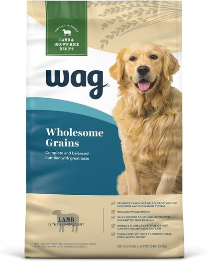 Amazon Brand - Wag Adult Premium Nutrition Dry Dog Food, Supports Stomach and Skin Health, Lamb and Brown Rice, 30 lb Bag