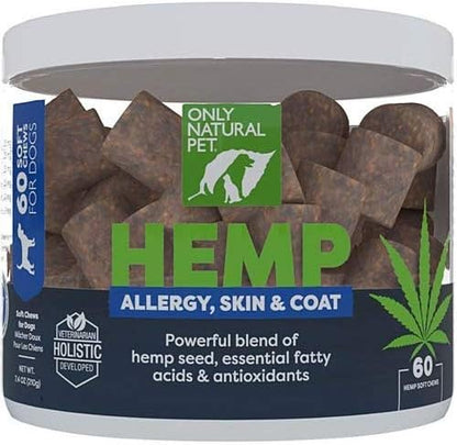Only Natural Pet Allergy, Skin & Coat Hemp Soft Chews - Allergy Immune Bites for Dogs, Omega 3 Supplement, Hemp Oil - Calming Treats for Itchy Skin Relief, Hot Spot - (60 Count) (AL.)