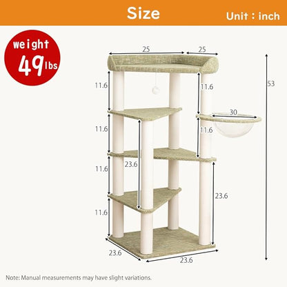 Cat Tree for Indoor Cats, 53” Tall Modern Cat Tower with Acrylic Bowl Bed & Multi-Level Platforms, Stable Cat Condo for Large Cats (Light Gray)
