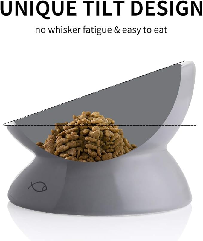Sweejar Ceramic Raised Cat Bowls, Slanted Cat Dish Food or Water Bowls, Elevated Porcelain Pet Feeder Bowl Protect Cat's Spine, Stress Free, Backflow Prevention (Grey)