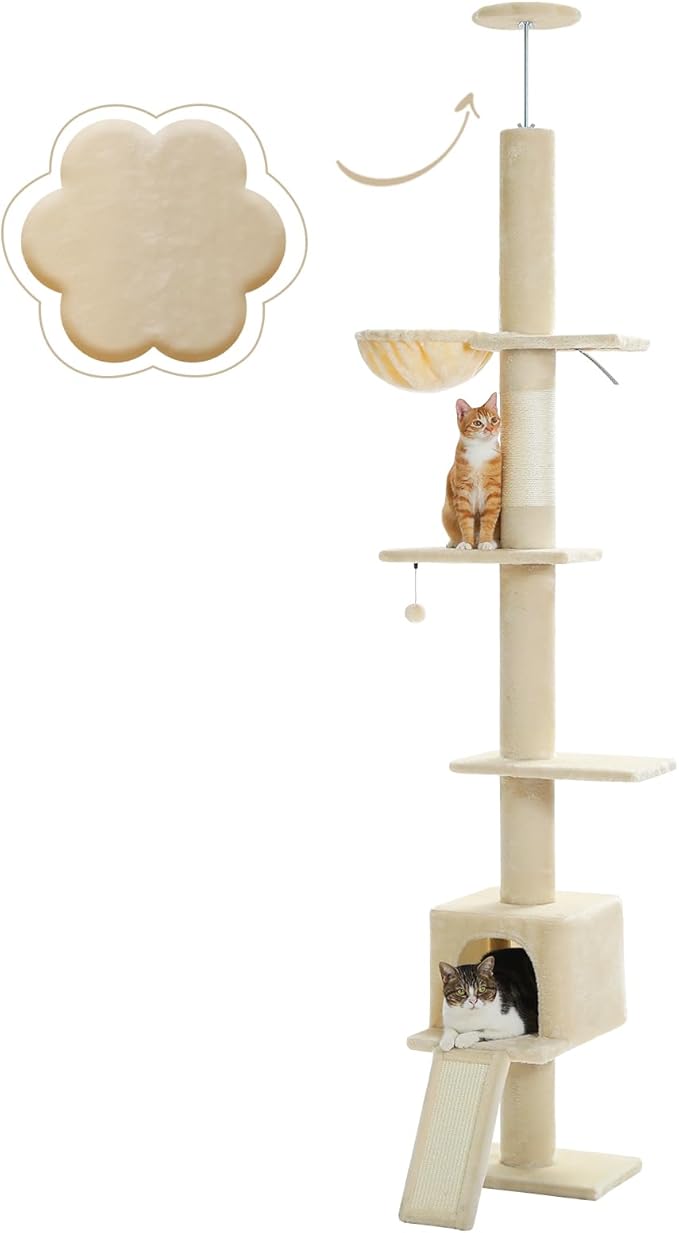PEQULTI Cat Tree Floor to Ceiling, Tall Cat Tower, Adjustable Height (83''-108'') 5 Tiers Climbing Tree for Indoor Cats with Cat Condo, Scratching Post and Ladder, Beige