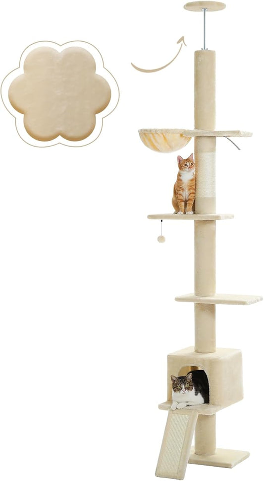 PEQULTI Cat Tree Floor to Ceiling, Tall Cat Tower, Adjustable Height (83''-108'') 5 Tiers Climbing Tree for Indoor Cats with Cat Condo, Scratching Post and Ladder, Beige