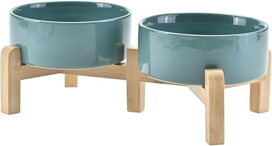 SPUNKYJUNKY Elevated Dog Bowls Ceramic, 5.1'' Dogs and Cat Food Water Bowls Raised with Non-Slip Bamboo Stand for Puppy Small Sized Breed Microwave Dishwasher Safe - 13.5 OZ,Dark Green