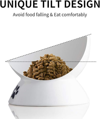 Sweejar Ceramic Raised Cat Bowls, Slanted Cat Dish Food or Water Bowls, Elevated Porcelain Pet Feeder Bowl Protect Cat's Spine, Stress Free, Backflow Prevention(White)