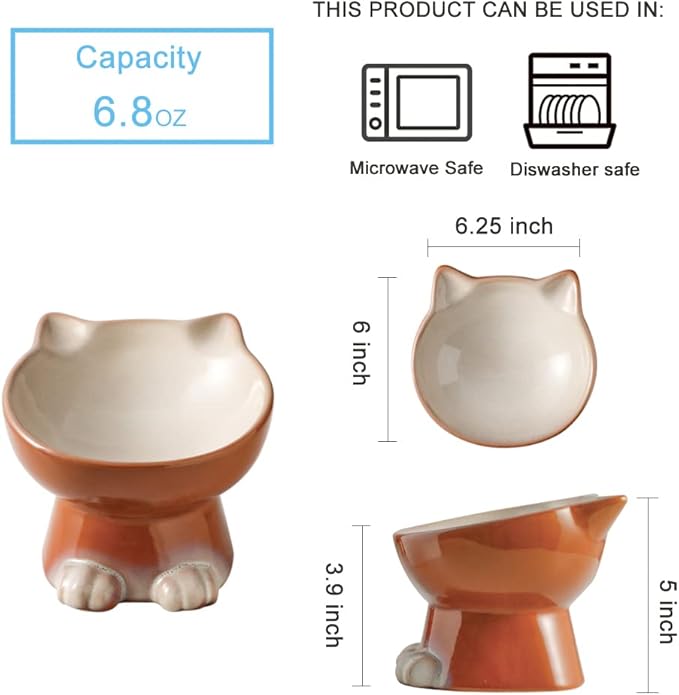 Nihow Elevated Cat/Dog Bowls: 6.25 Inch Ceramic Raised Cat Food & Water Bowl Set for Protecting Pet's Spine - Feeding & Watering Supplies for Cat/Small Size Dog - Elegant Brown (6.8 OZ /1 PC)
