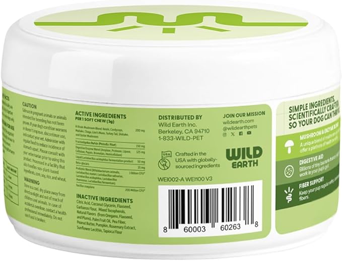 Wild Earth Dog Supplements, Soft Chews for Digestion & Immune Support, with Prebiotics, Probiotics & Enzymes, Veterinarian-Developed, Vegan