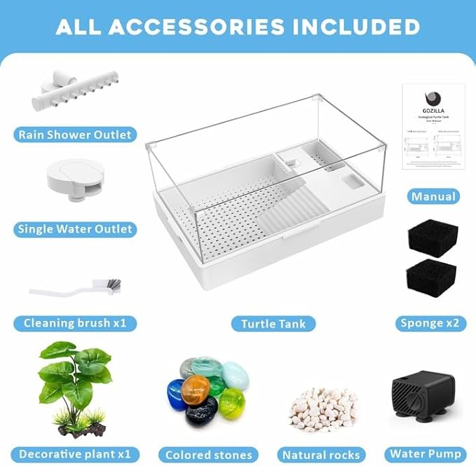 GOZILLA Large Turtle Tank Kit+Water Pump, Acrylic Turtle Tank Starter Kit with Adjustable 5W Water Pump and Two Shower Heads, Multi-Functional Area for Small/Medium Turtles(Large-White Tank).