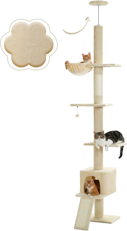 PETEPELA Floor to Ceiling Cat Tree[83"-108"], Cat Tower 5 Levels, Height Adjustable, Cat Scratching Post with Top Perches and Spacious Condo for Large Indoor Cats, Beige