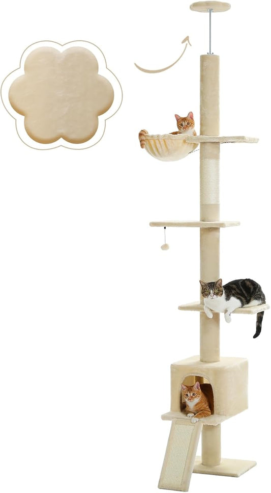 PETEPELA Floor to Ceiling Cat Tree[83"-108"], Cat Tower 5 Levels, Height Adjustable, Cat Scratching Post with Top Perches and Spacious Condo for Large Indoor Cats, Beige