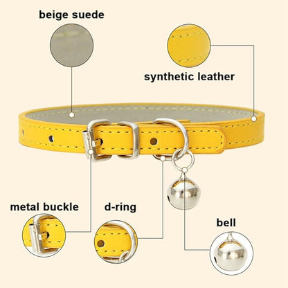 Khaki Puppy Collar with Bell, Soft Pu Leather Cat Collars Adjustable Buckle for XXS XS Extra Small Medium Tiny Female Male Boys Girls Pets Dogs Kitten Teacup Yorkie S
