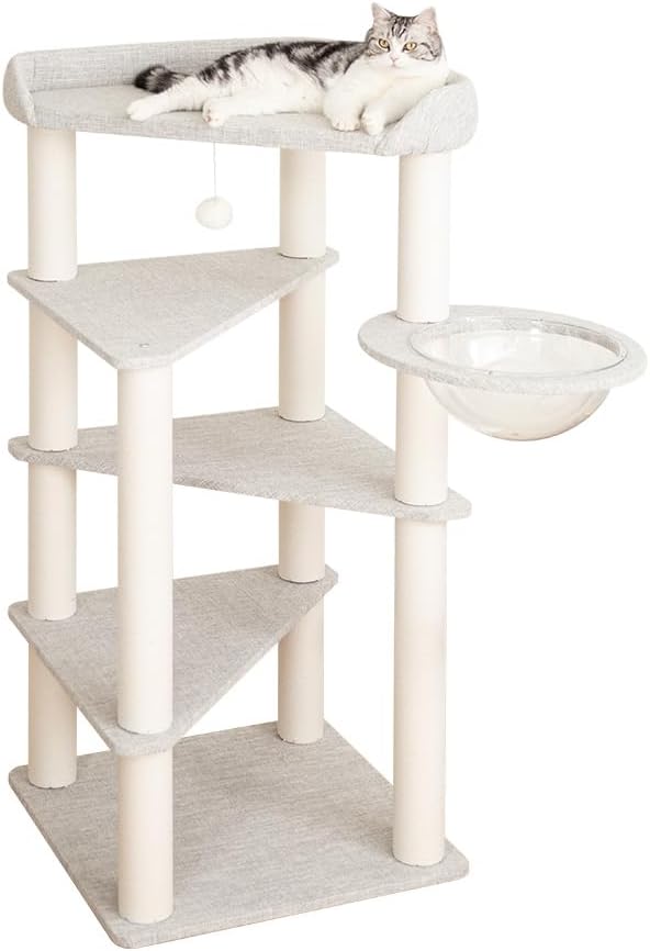 Cat Tree for Indoor Cats, 53” Tall Modern Cat Tower with Acrylic Bowl Bed & Multi-Level Platforms, Stable Cat Condo for Large Cats (Light Gray)