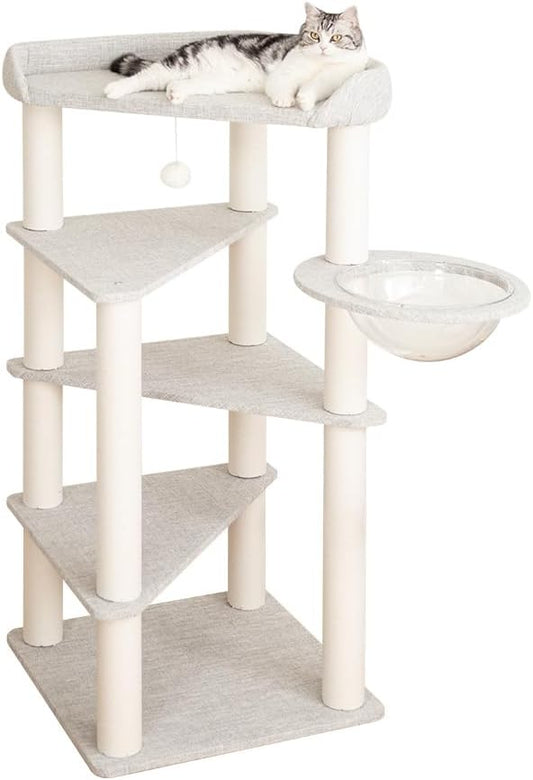 Cat Tree for Indoor Cats, 53” Tall Modern Cat Tower with Acrylic Bowl Bed & Multi-Level Platforms, Stable Cat Condo for Large Cats (Light Gray)