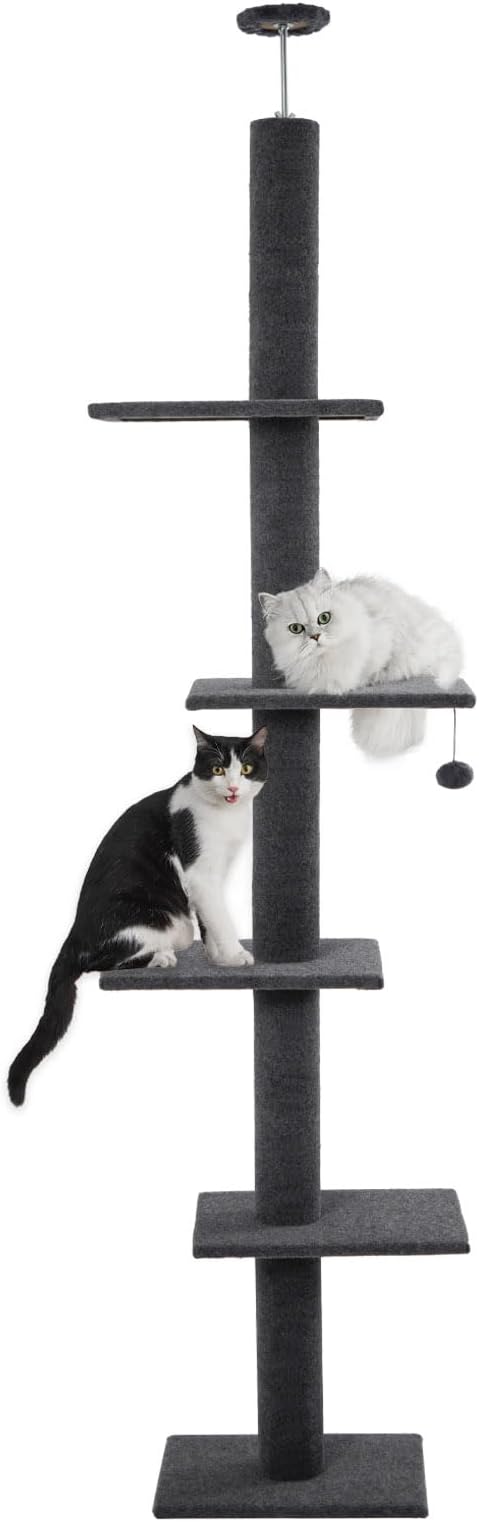Cat Tree Floor to Ceiling Cat Tower 5-Tier Carpet Kitten Tree Cat Climbing Tower with Adjustable Height 98"-108", Tall Cat Trees with Platforms and Dangling Balls for Indoor Cats, Dark Grey