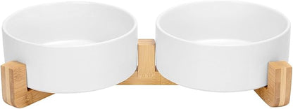 SPUNKYJUNKY Ceramic Dog and Cat Bowl Set with Wooden Stand, Modern Cute Weighted Food Water Bowl Set for Medium to Large Size Dogs (42 OZ, 2 × White)