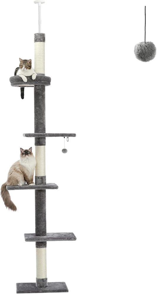 PETEPELA Floor to Ceiling Cat Tree, Cat Tower 5-Tier Height(95-107 Inches) Adjustable, Tall Cat Climbing Tree Featuring with Scratching Post, Cozy Bed,Interactive Ball Toy for Indoor Cats/Kitten Grey