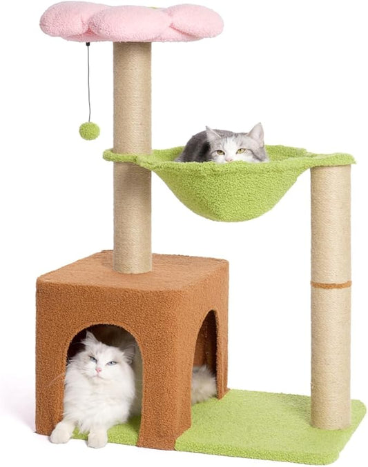 Flower Cat Tree 34 Inches Scratching Post Small Cat Tower for Large Cats, with 15.7”Large Hammock, Removable Top Bed and Wide Condo for Indoor Cats-Forest Brown