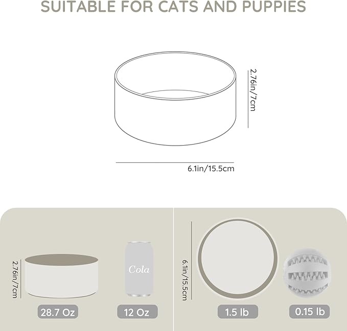 SPUNKYJUNKY 28.7OZ Ceramic Dog and Cat Bowl, Modern Cute Weighted Food Water Bowl for Replacement Grey (2 Pack)