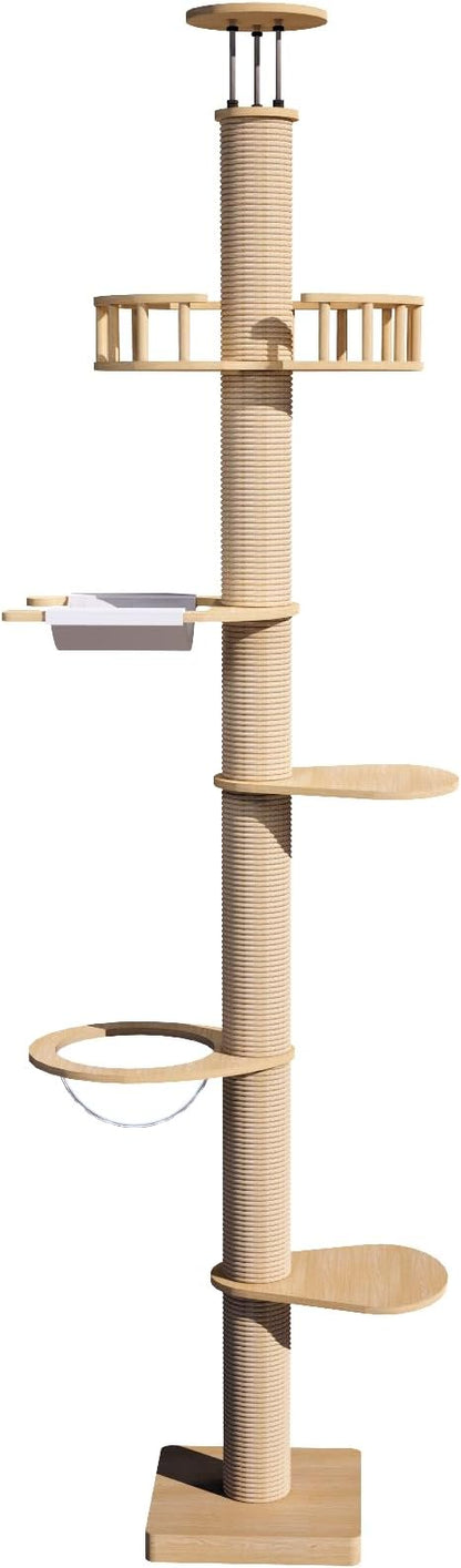 Modern Floor to Ceiling Cat Trees Tower with Sisal Rope Scratching Post, 5 Tier Cat Climbing Tree for Indoor Cats Large Adult, Height 82-117 inch, Adjustable Tall Cat Activity Tree(Deluxe Style 3)