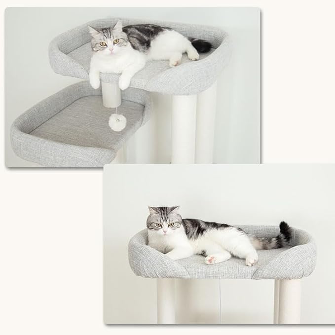 Wooden Cat Tree Tower for Indoor Cats 53'', Modern Natural Wood Cat Furniture with Cozy Beds, Scratching Post and Clear Hammock for Kittens and Adult Cats (Gray)