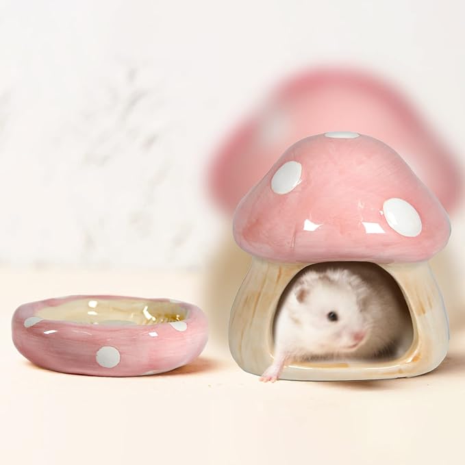 Ceramic Mushroom Guinea Pig House Hamster Hide Bed Includes Hamsters Food Bowl Guinea Pig Hideout for Hamster Chinchilla Hedgehog Rat Small Animals(Pink Mushroom Set)