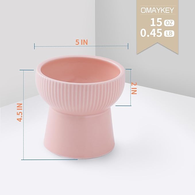 OMAYKEY Ceramic Raised Cat Bowls, Elevated Cat Food and Water Bowls Set, 15 oz Porcelain Stress Free Pet Feeder Bowl Dish for Cats and Small Dogs - Set of 2, Pink