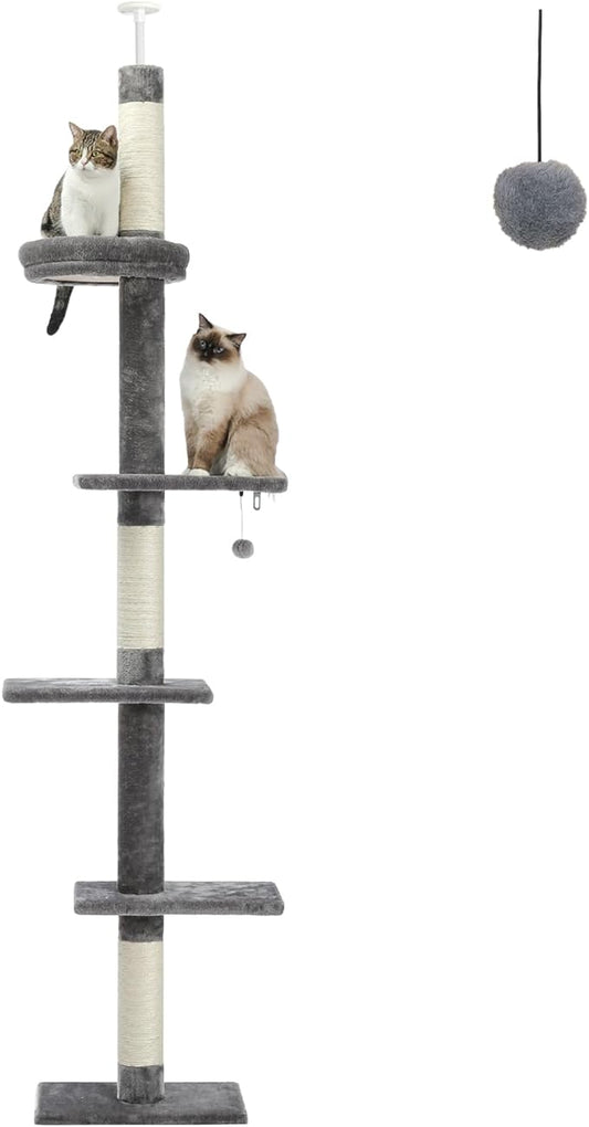 PETEPELA Cat Tower 5-Tier Floor to Ceiling Cat Tree Height(95-107 Inches) Adjustable, Tall Climbing Tree Featuring with Scratching Post, Cozy Bed,Interactive Ball Toy for Indoor Cats/Kitten Grey