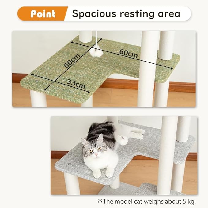 Cat Tree for Indoor Cats Large Adult, Modern Cat Tree Tower with Sisal-Covered Scratching Posts, Cozy Perches, Hammocks, and Interactive Toys for Kittens, (Linen Fabric Green 37.4-Inch)