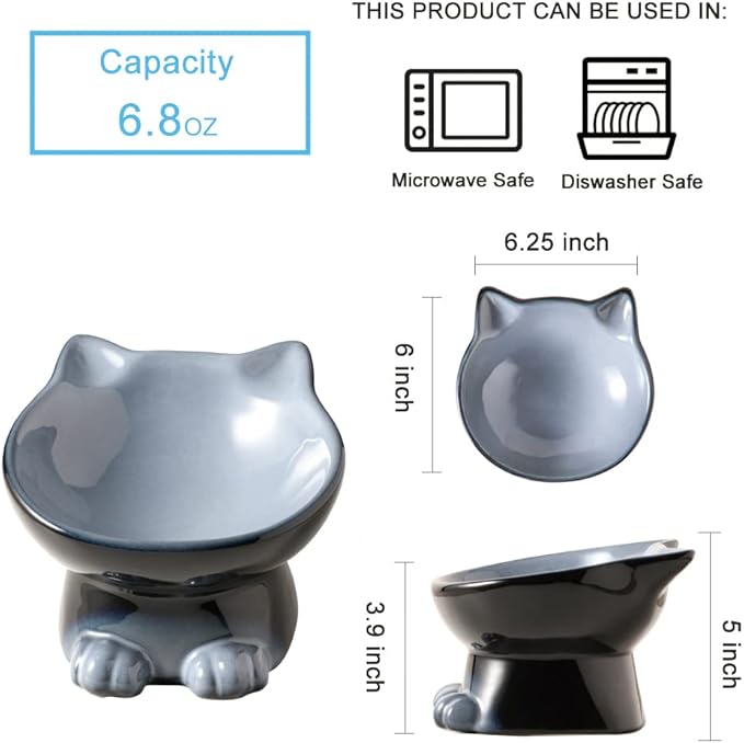 Nihow Elevated Cat/Dog Bowls: 6.25 Inch Ceramic Raised Cat Food & Water Bowl Set for Protecting Pet's Spine - Feeding & Watering Supplies for Cat/Small Size Dog - Elegant Gray (6.8 OZ /1 PC)
