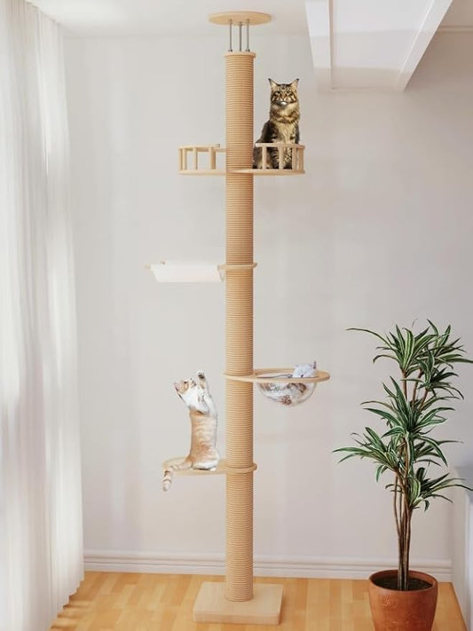 Floor to Ceiling Cat Trees for Kittens＆Large Cats with Natural Rope, Tall Cat Tree to Ceiling,Adjustable Height 82-112 Inches, DIY Wooden Tower Condo, Tall Cat Activity Tree(Deluxe Style 2)