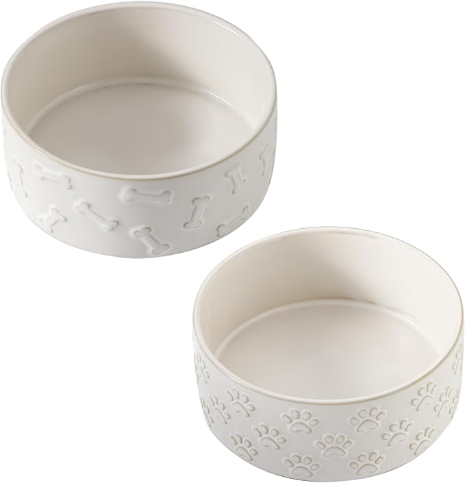 UBEE Ceramic Dog Bowl Set of 2, 5.1 inch Dog Food Bowl Dish with Bone or Paw Pattern, Pet Food Water Dish Feeding for Small Dogs and Large Cat, White