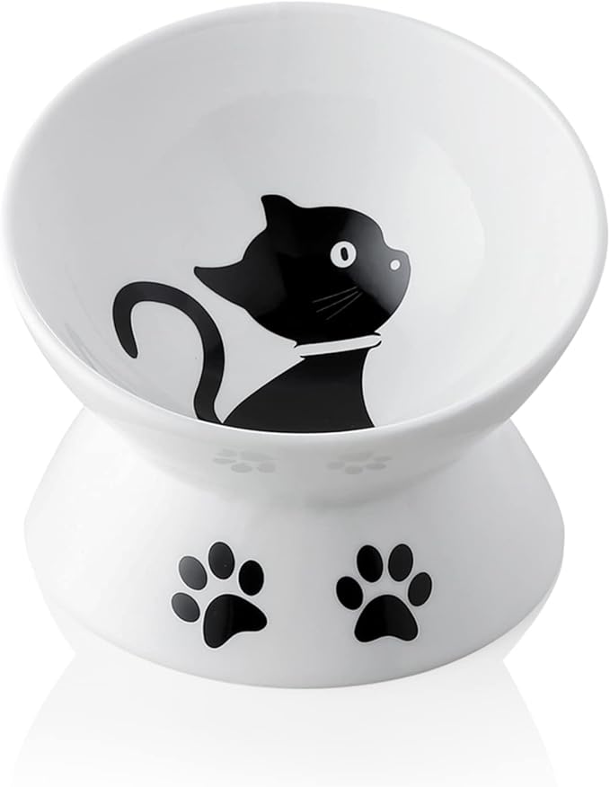 Sweejar Ceramic Raised Cat Bowls, Slanted Cat Dish Food or Water Bowls, Elevated Porcelain Pet Feeder Bowl Protect Cat's Spine, Stress Free, Backflow Prevention(White)