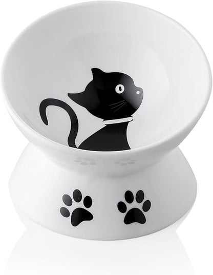 Sweejar Ceramic Raised Cat Bowls, Slanted Cat Dish Food or Water Bowls, Elevated Porcelain Pet Feeder Bowl Protect Cat's Spine, Stress Free, Backflow Prevention(White)